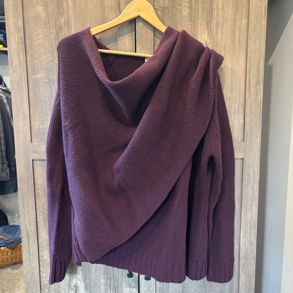 Poetry 100% Lambswool Wrap Sweater Plum Purple Asymmetrical Knit UK 16 US 12
